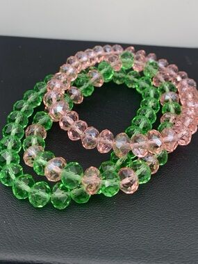 Lot of 3 Pink and Green Faceted glass Bead Stretch Bracelet Set stack